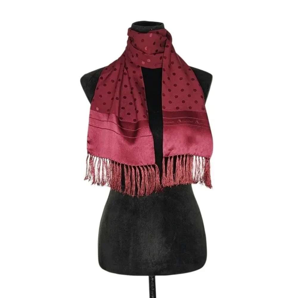 Aquascutum 100% Silk Polka Dot Fringe Scarf Made in Italy Designer Luxury 9x50